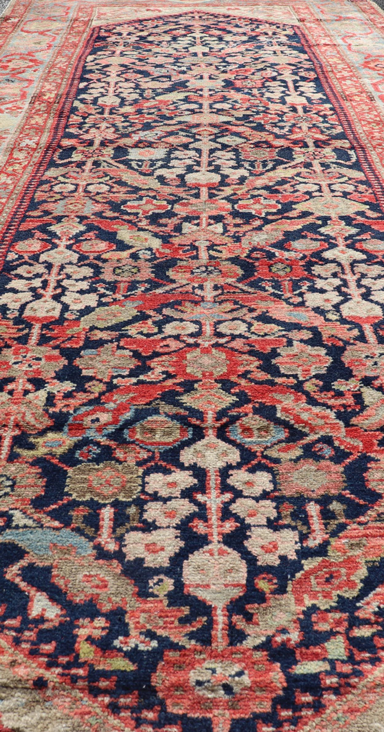 20th Century Antique Persian Gallery Hamadan Runner in Blue Background with Multi Colors For Sale