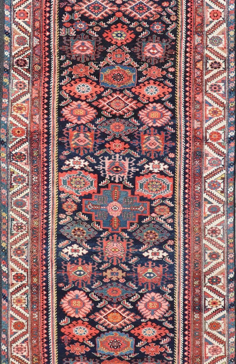 Wool Antique Persian Gallery Hamadan Runner in Blue Background with Multi Colors For Sale