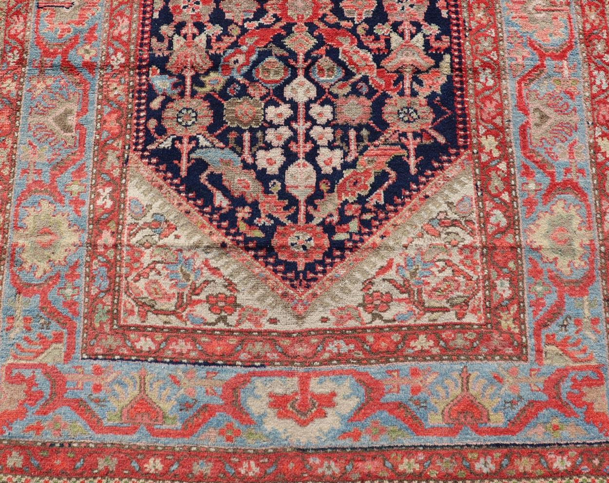 Antique Persian Gallery Hamadan Runner in Blue Background with Multi Colors For Sale 2