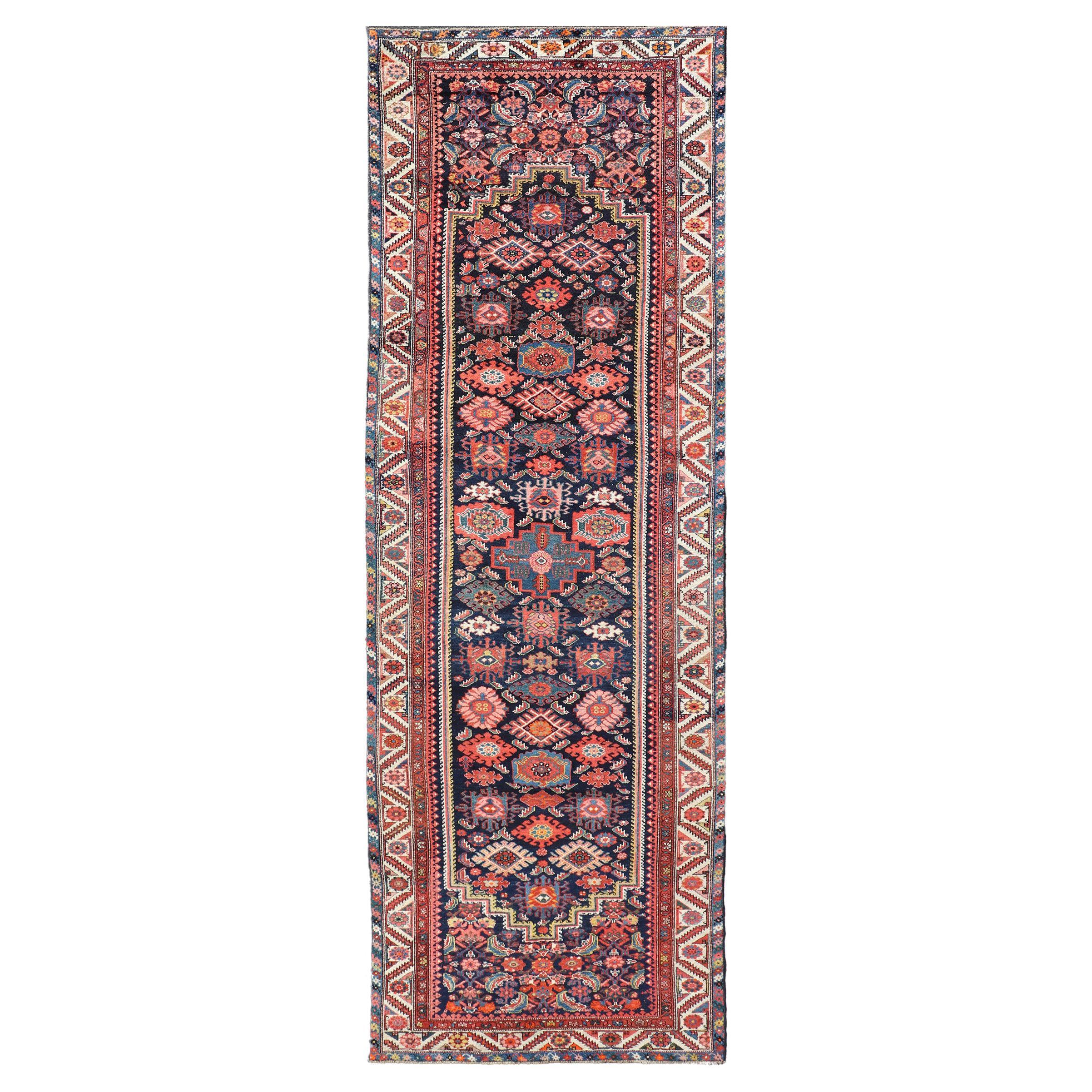 Antique Persian Gallery Hamadan Runner in Blue Background with Multi Colors For Sale