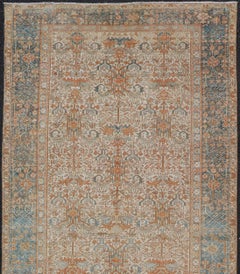 Antique Persian Gallery Heriz Rug with Geometric Design in Copper and Blue