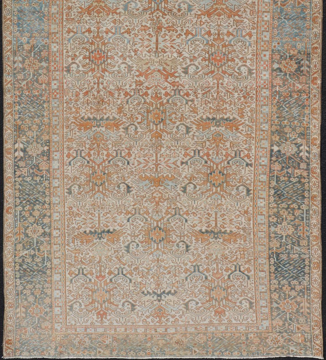 Heriz Serapi Antique Persian Gallery Heriz Rug with Geometric Design in Copper and Blue For Sale