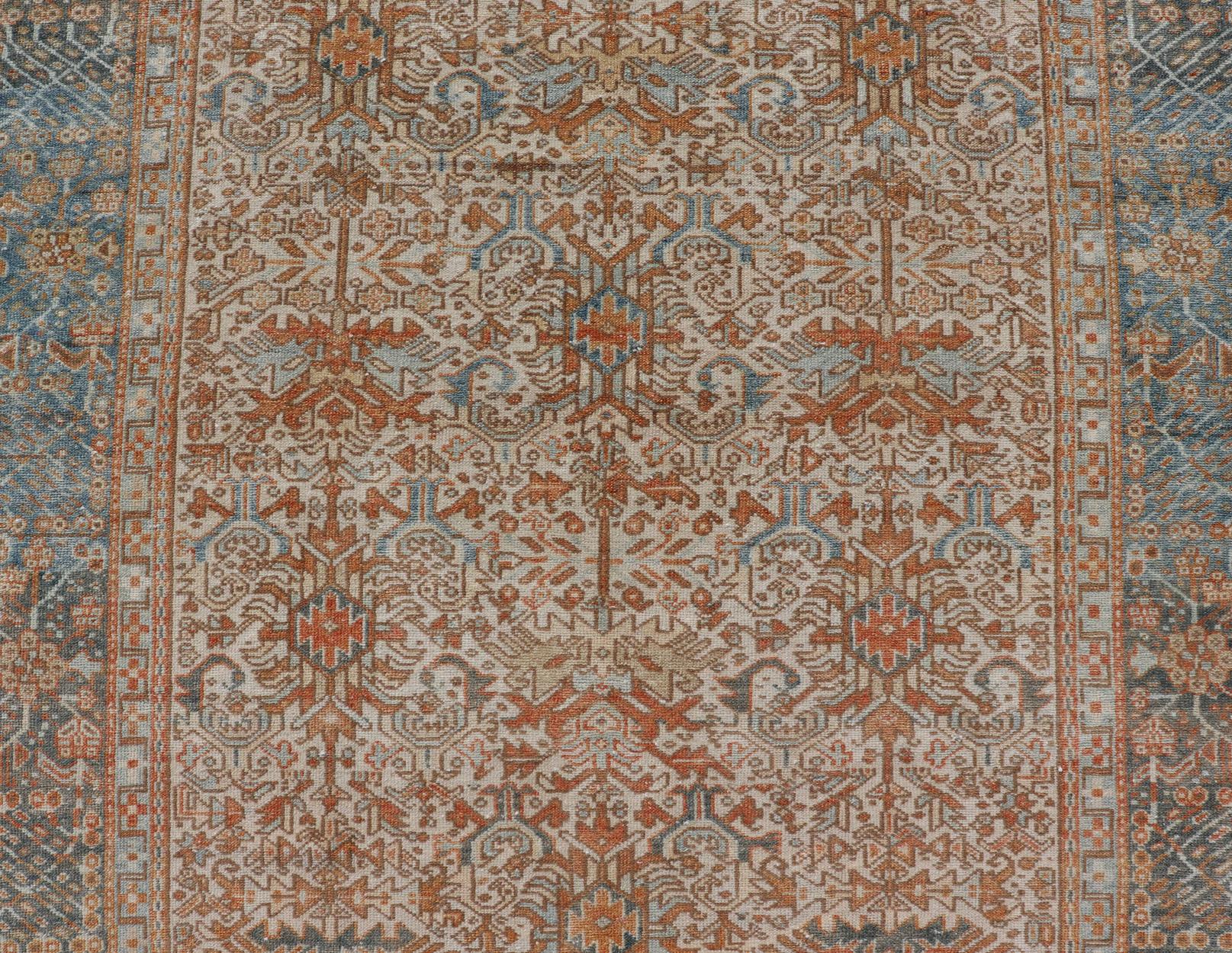 Antique Persian Gallery Heriz Rug with Geometric Design in Copper and Blue In Good Condition For Sale In Atlanta, GA