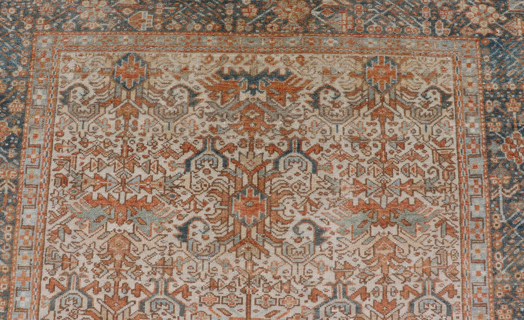20th Century Antique Persian Gallery Heriz Rug with Geometric Design in Copper and Blue For Sale