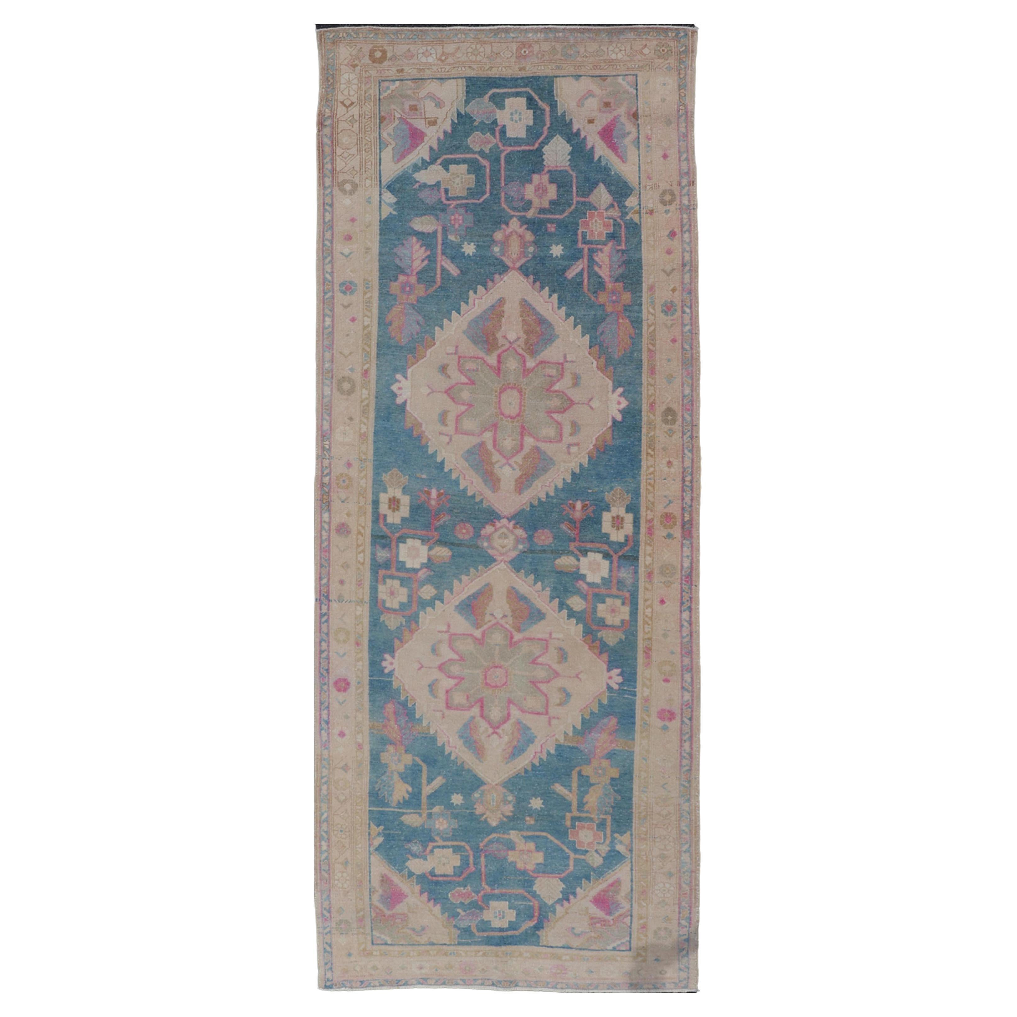 Antique Persian Gallery Mahal Rug in Wool with Floral Medallion Design