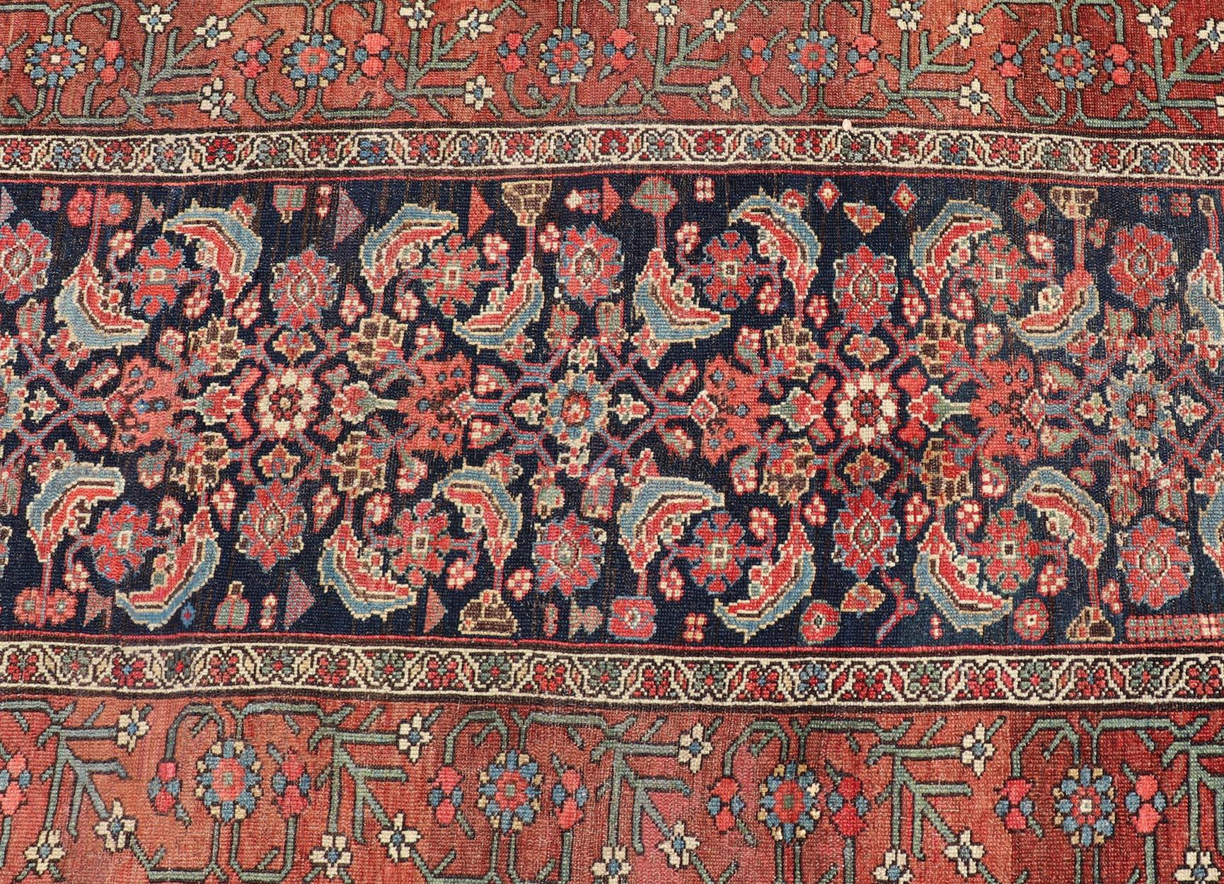 Antique Persian Gallery Malayer Runner in Blue Background with Multi Colors For Sale 4