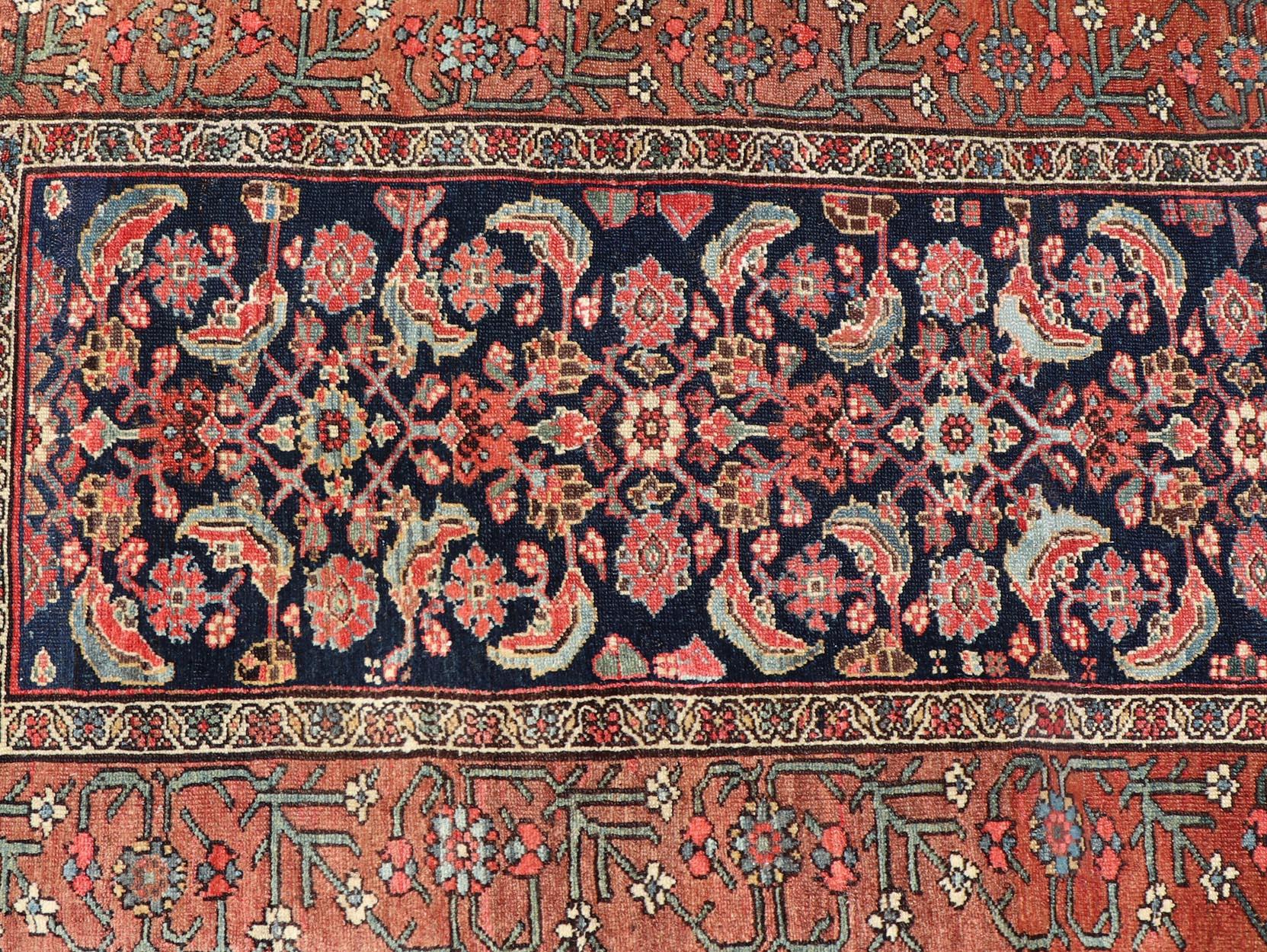 Antique Persian Gallery Malayer Runner in Blue Background with Multi Colors. Keivan Woven Arts / rug EMB-22147-15078, country of origin / type: Iran / Malayer, circa 1910
Measures: 3'6 x 12'7 
This antique Persian Malayer is bright and bold, with a