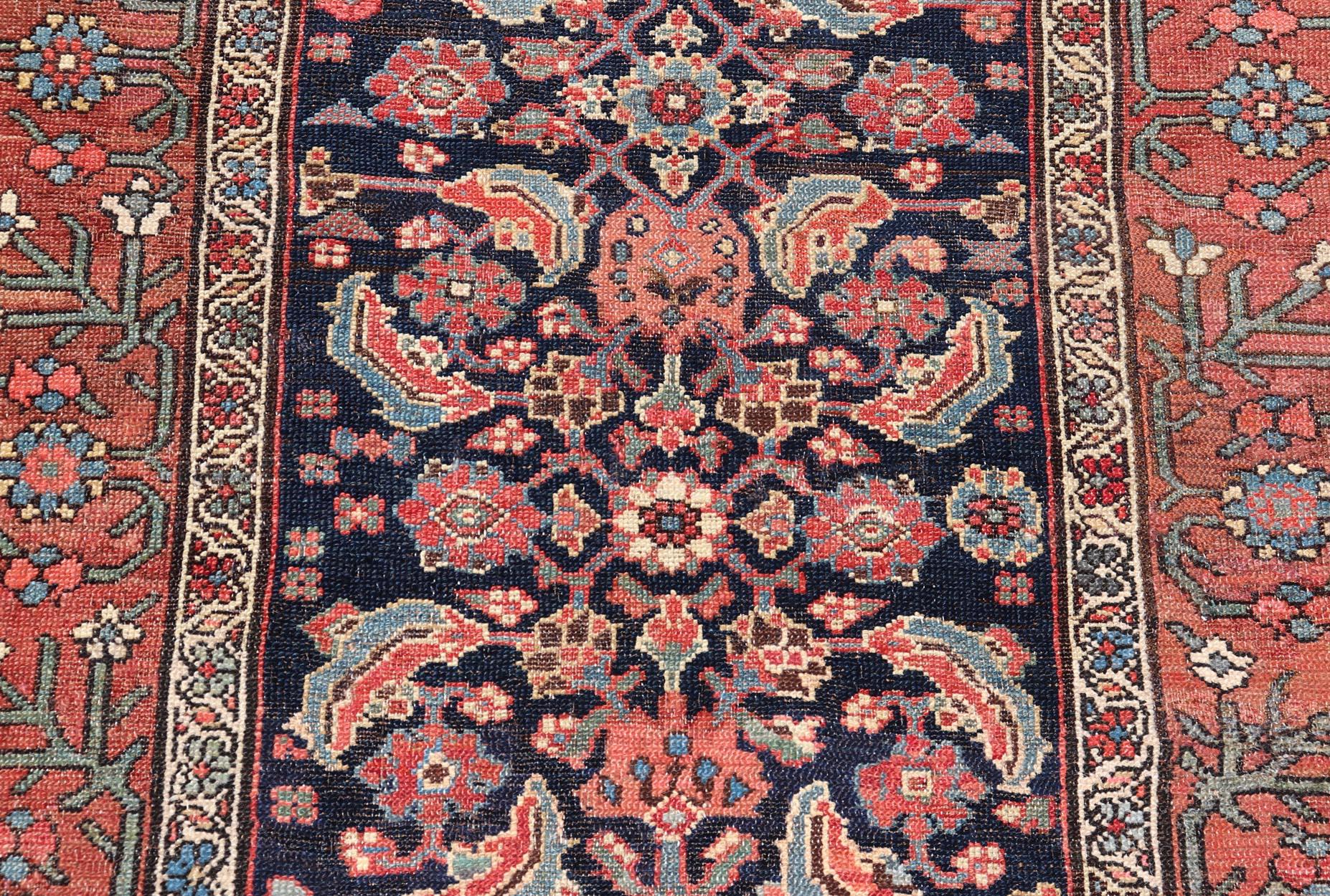 Hand-Knotted Antique Persian Gallery Malayer Runner in Blue Background with Multi Colors For Sale