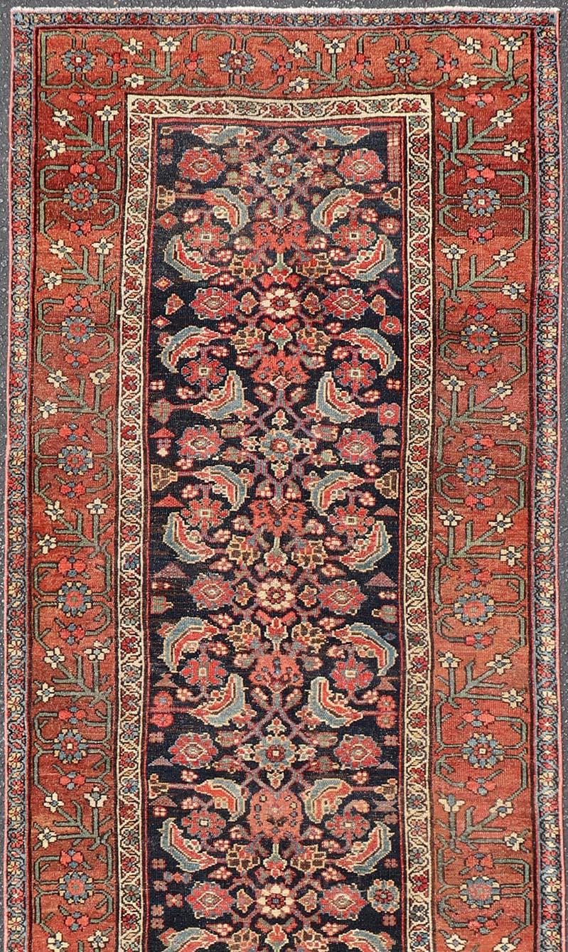 Antique Persian Gallery Malayer Runner in Blue Background with Multi Colors In Good Condition For Sale In Atlanta, GA