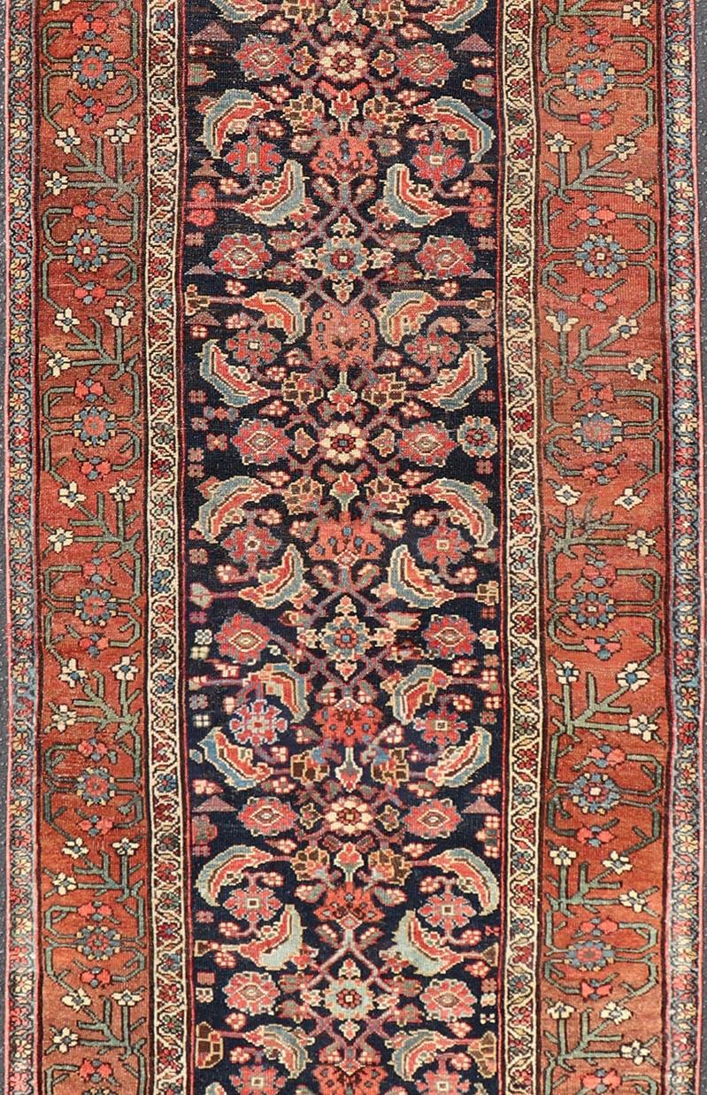 20th Century Antique Persian Gallery Malayer Runner in Blue Background with Multi Colors For Sale