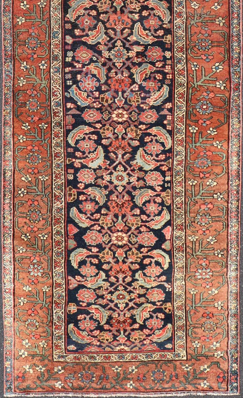Wool Antique Persian Gallery Malayer Runner in Blue Background with Multi Colors For Sale
