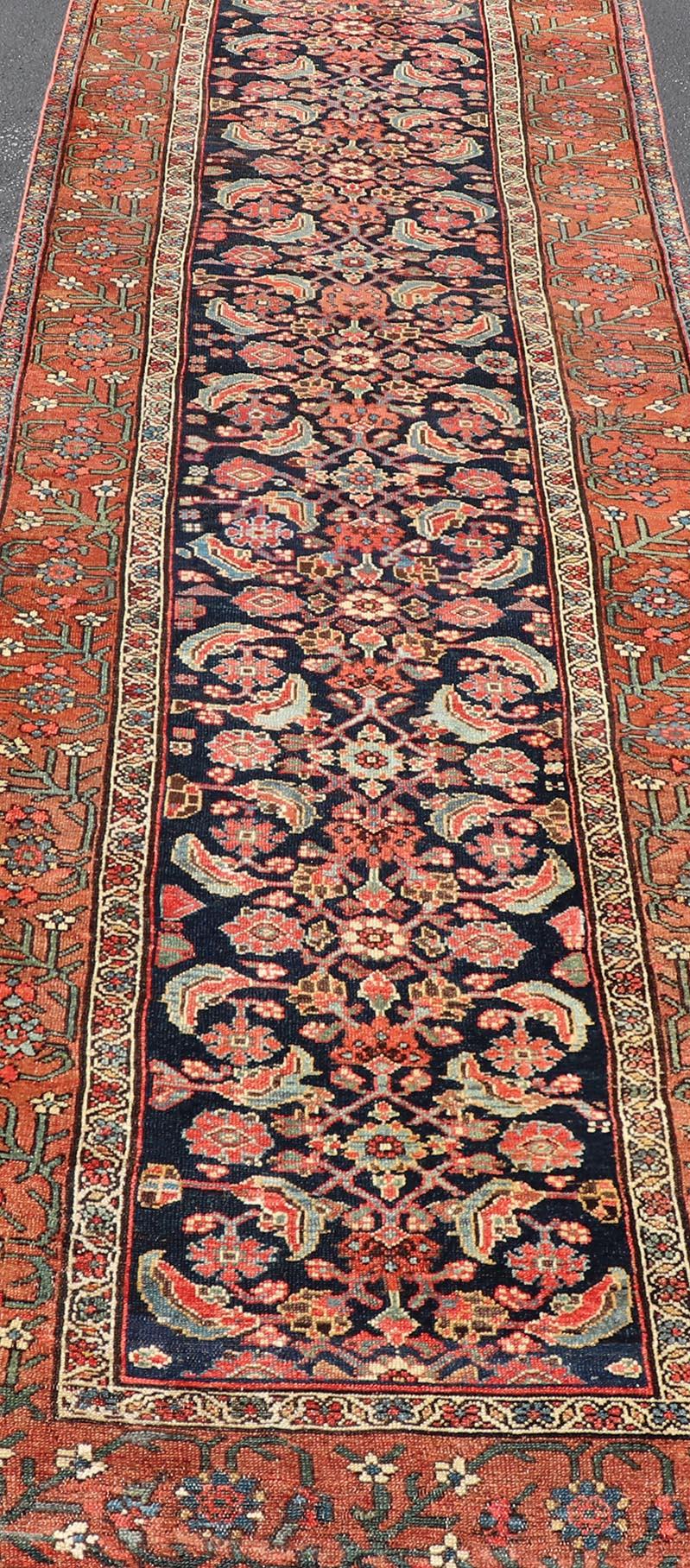 Antique Persian Gallery Malayer Runner in Blue Background with Multi Colors For Sale 1