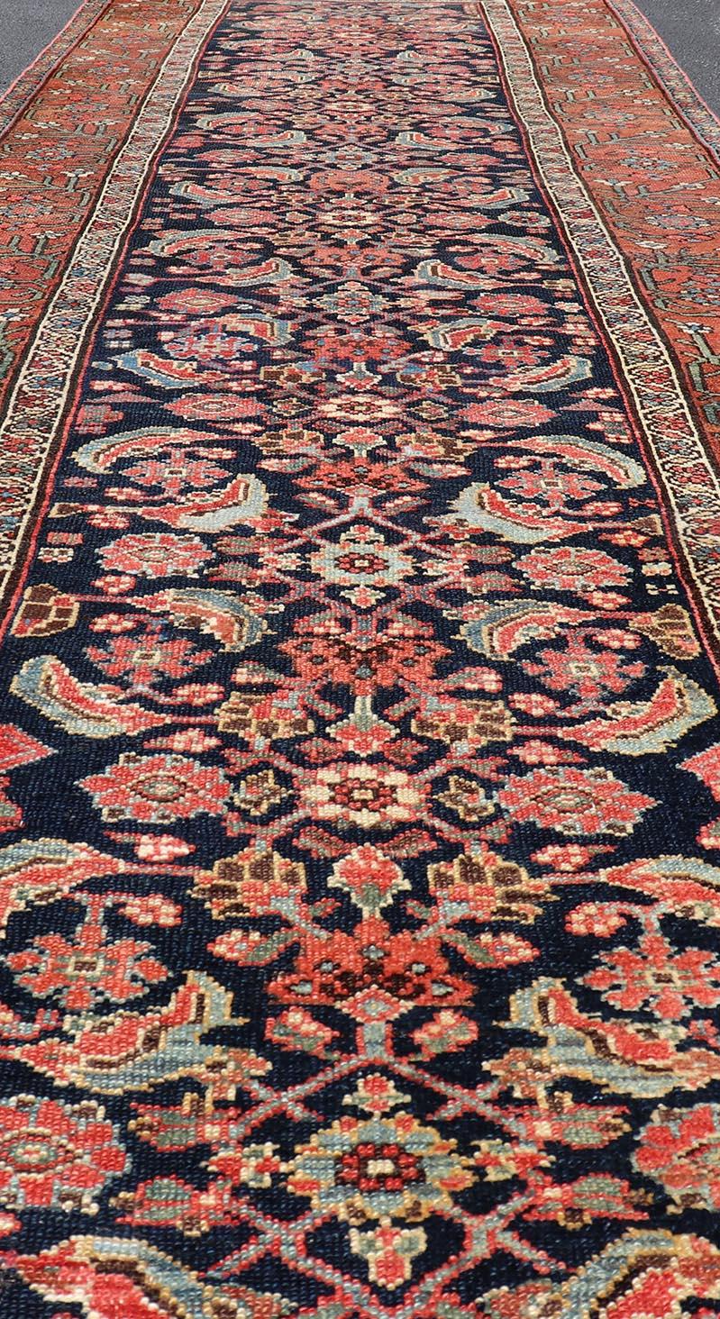 Antique Persian Gallery Malayer Runner in Blue Background with Multi Colors For Sale 2