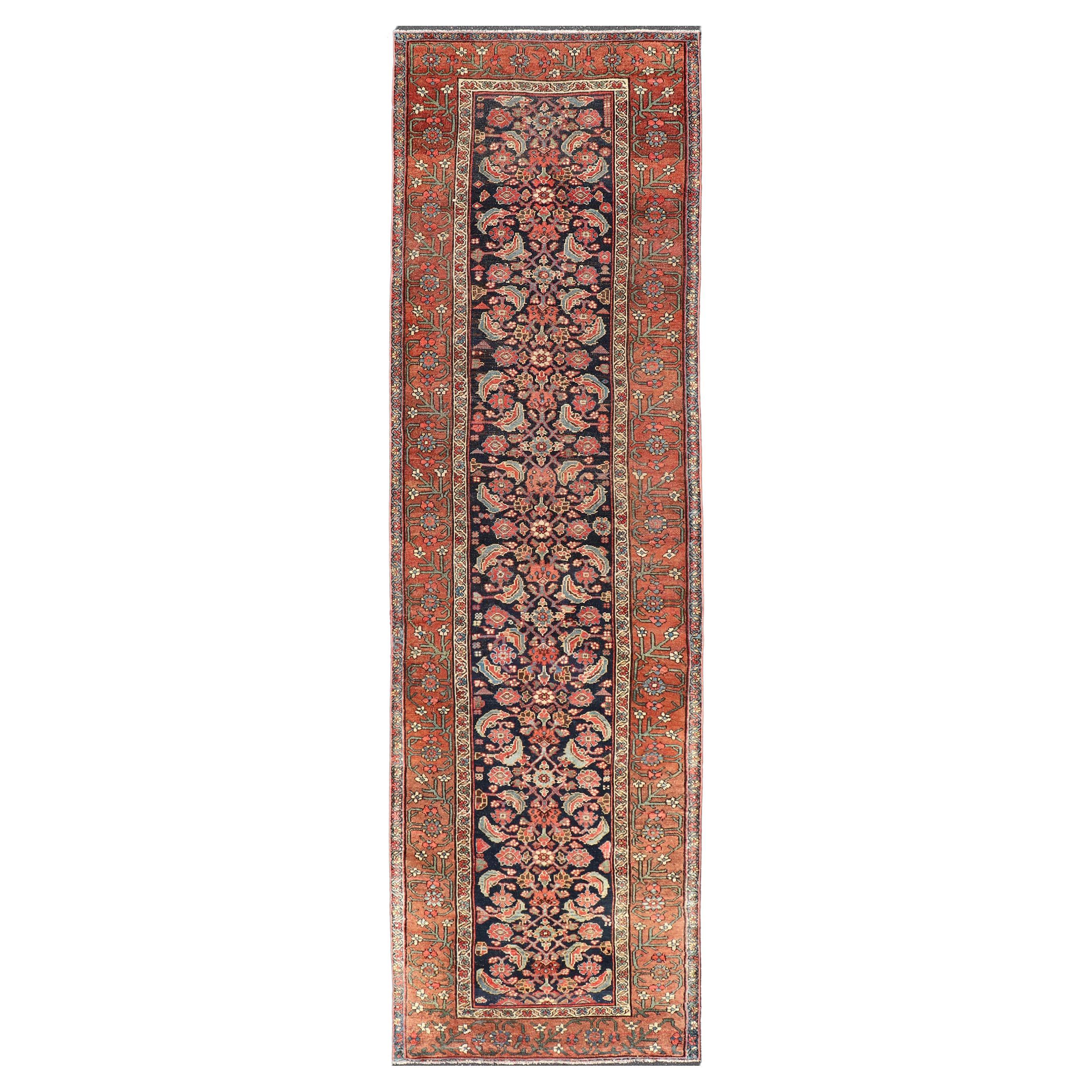 Antique Persian Gallery Malayer Runner in Blue Background with Multi Colors