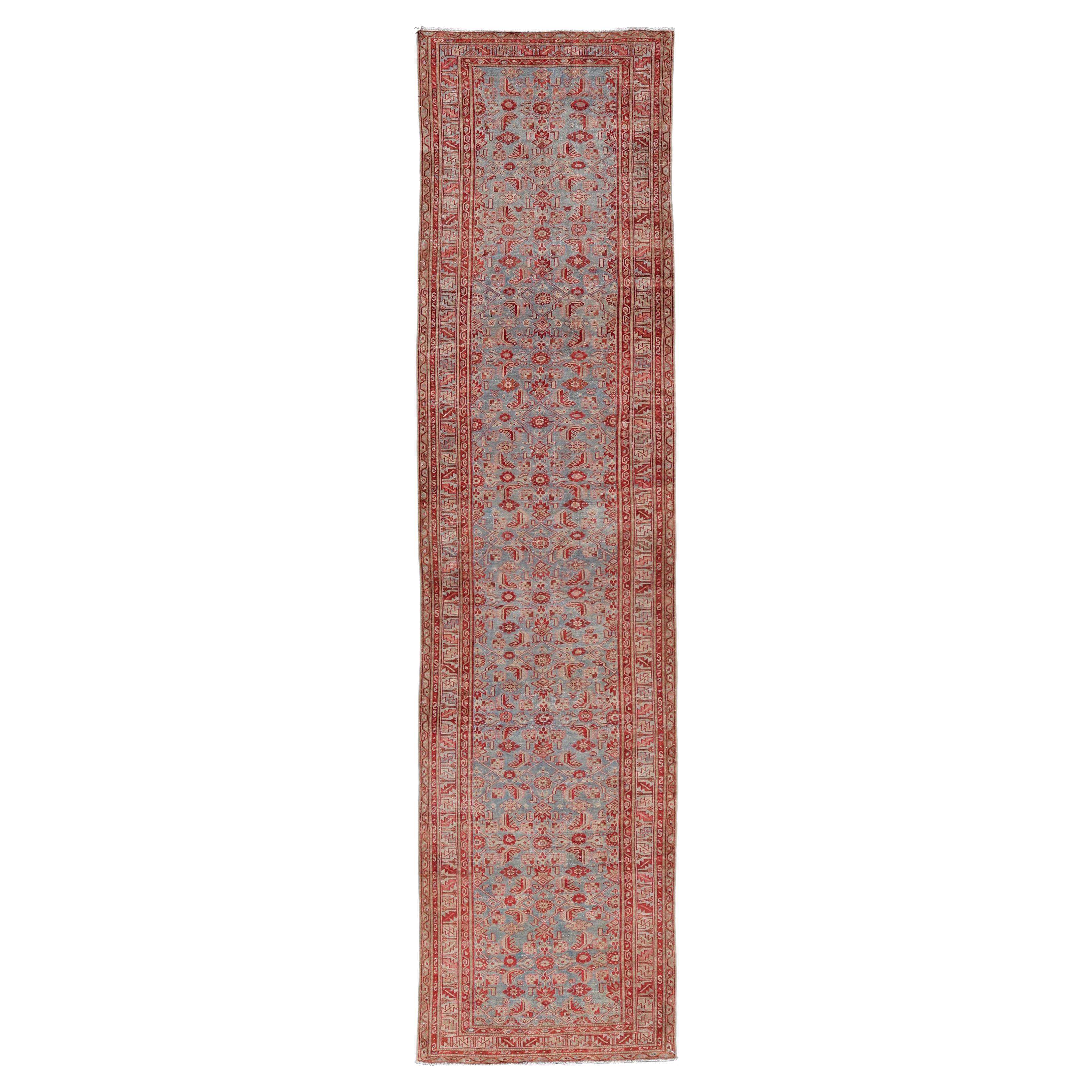 Antico runner persiano Malayer (a) Gallery, rosso e blu 4'3 x 16'10 in vendita