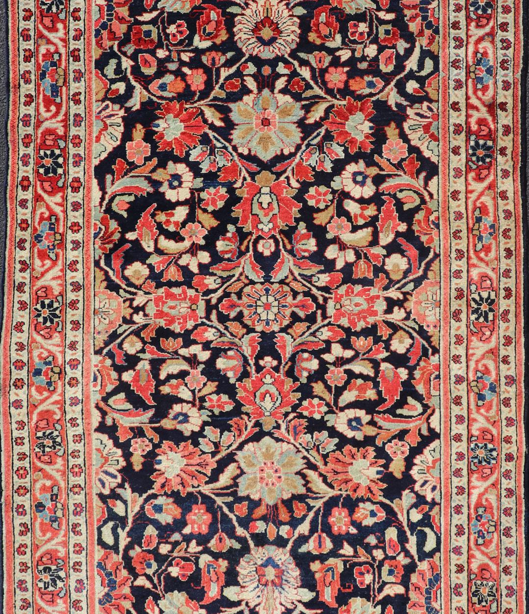 Antique Persian Gallery Runner with Floral Design in D. Blue & Jewel Tones For Sale 3
