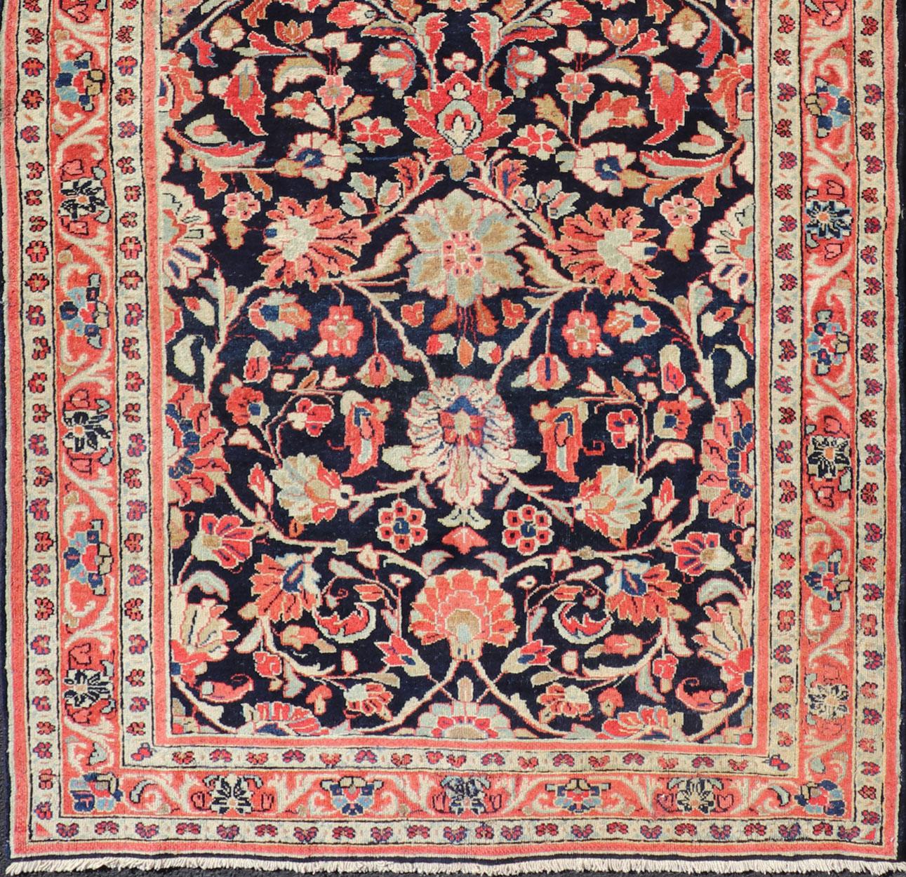Antique Persian Gallery Runner with Floral Design in D. Blue & Jewel Tones For Sale 4