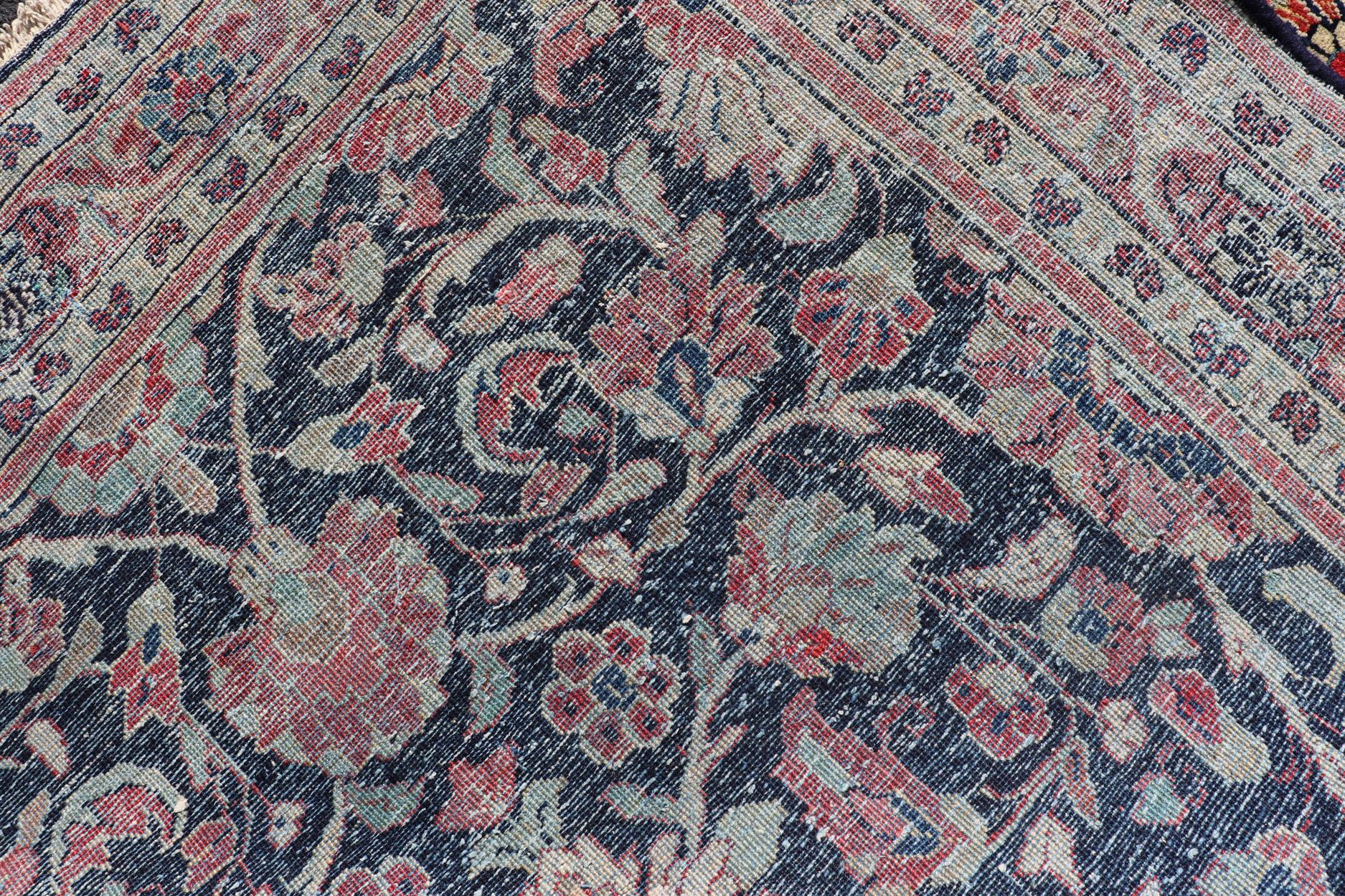 Antique Persian Gallery Runner with Floral Design in D. Blue & Jewel Tones For Sale 5