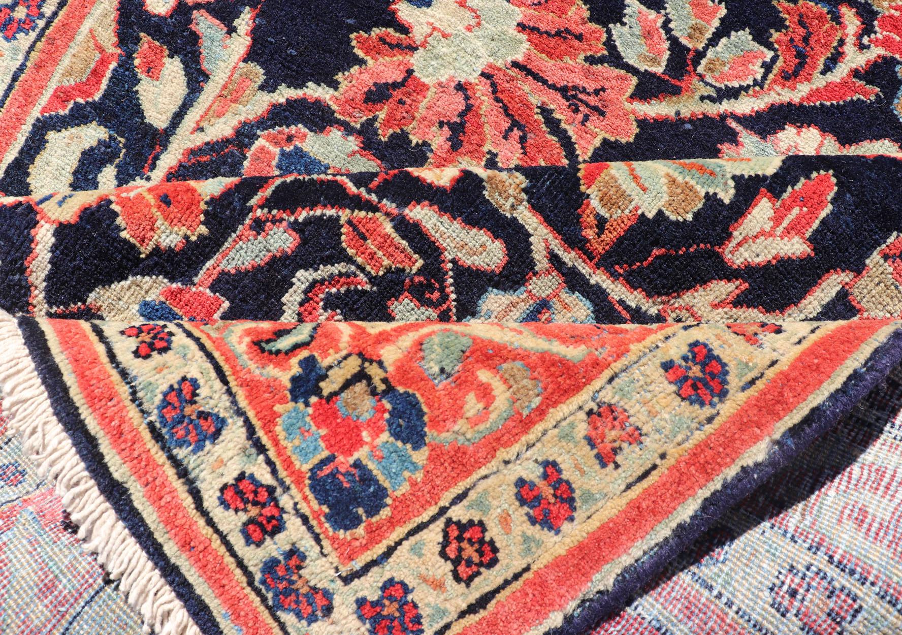 Antique Persian Gallery Runner with Floral Design in D. Blue & Jewel Tones For Sale 6