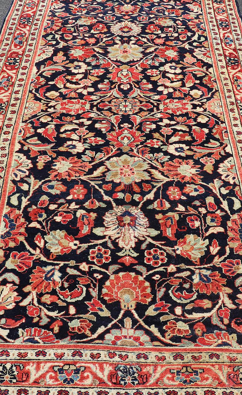 Antique Persian Gallery Runner with Floral Design in D. Blue & Jewel Tones For Sale 7
