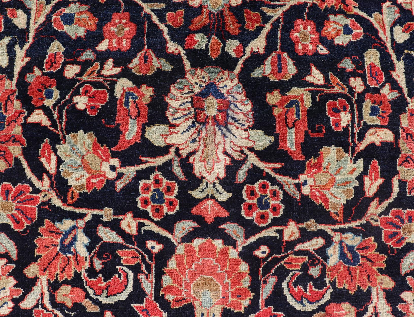 Hand-Knotted Antique Persian Gallery Runner with Floral Design in D. Blue & Jewel Tones For Sale