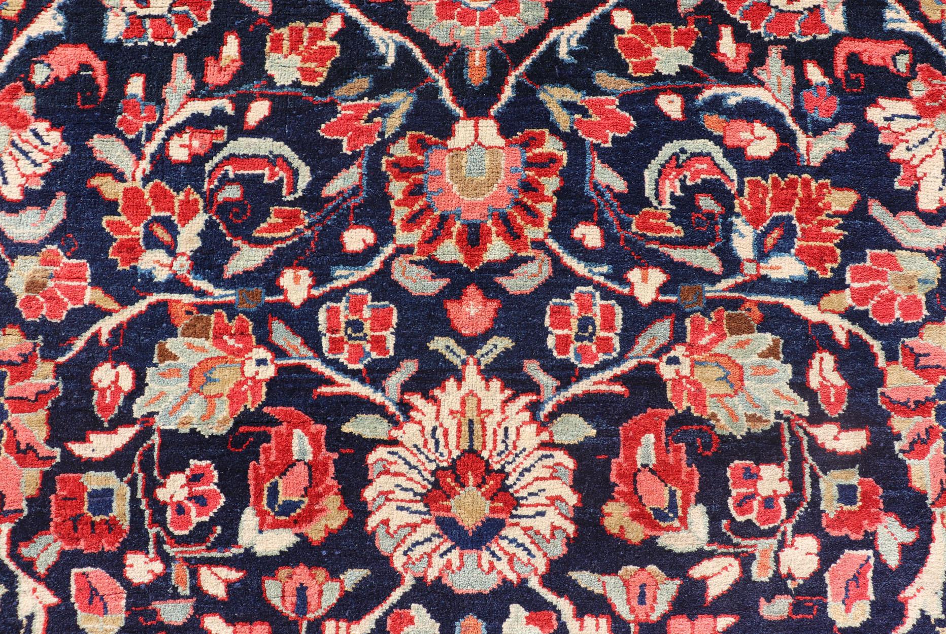 Antique Persian Gallery Runner with Floral Design in D. Blue & Jewel Tones In Excellent Condition For Sale In Atlanta, GA