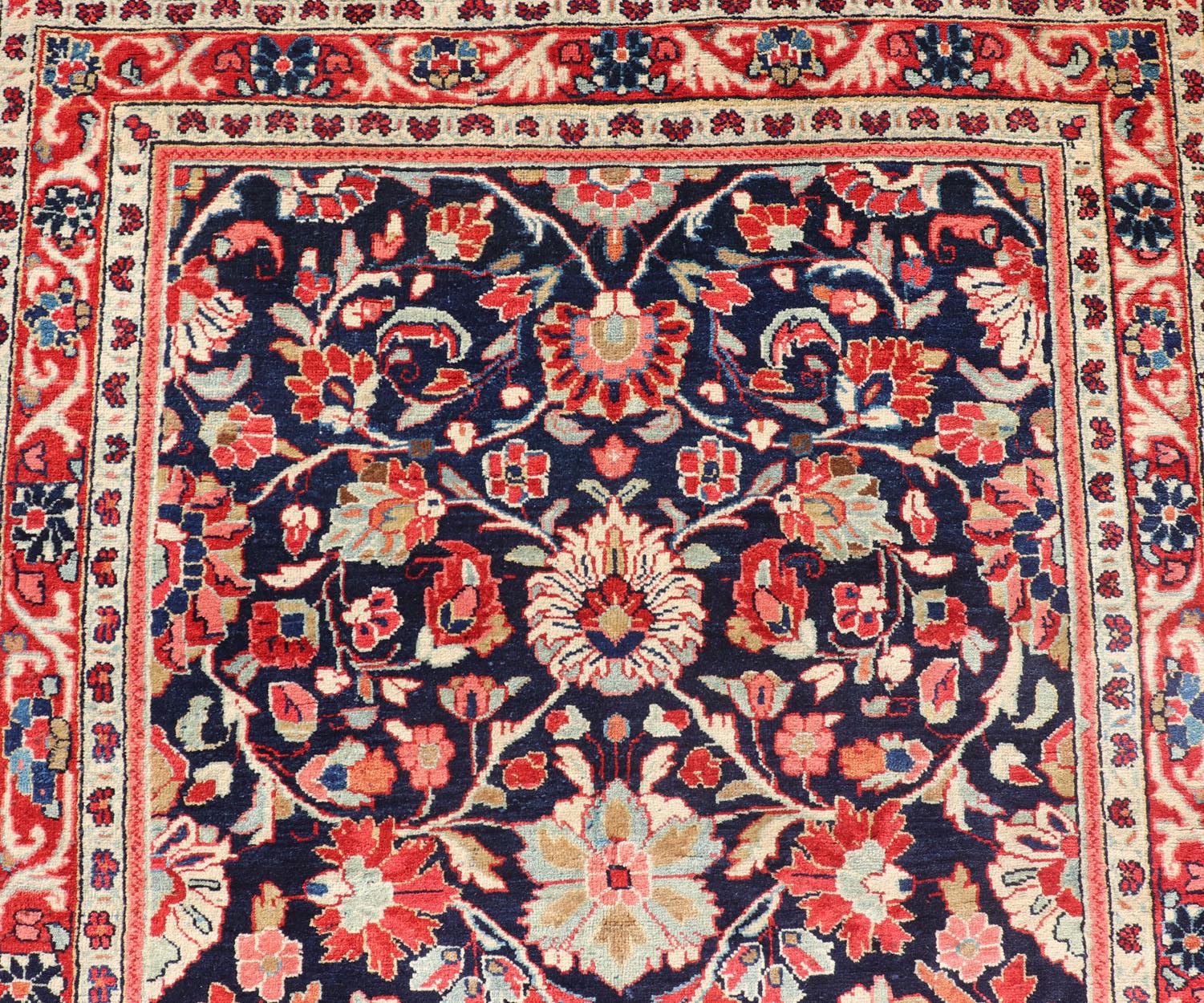 Mid-20th Century Antique Persian Gallery Runner with Floral Design in D. Blue & Jewel Tones For Sale
