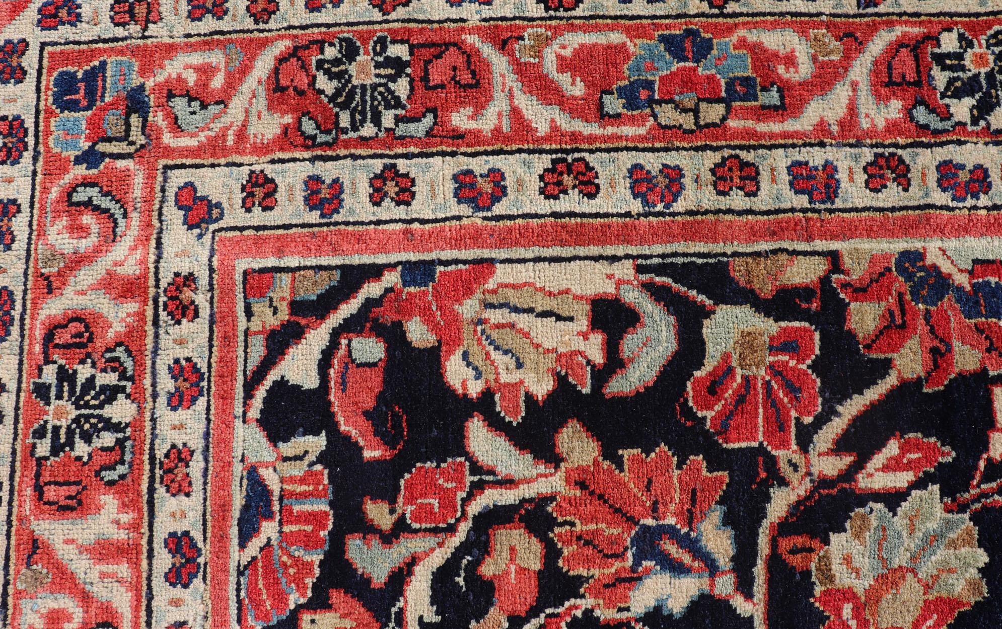 Antique Persian Gallery Runner with Floral Design in D. Blue & Jewel Tones For Sale 1
