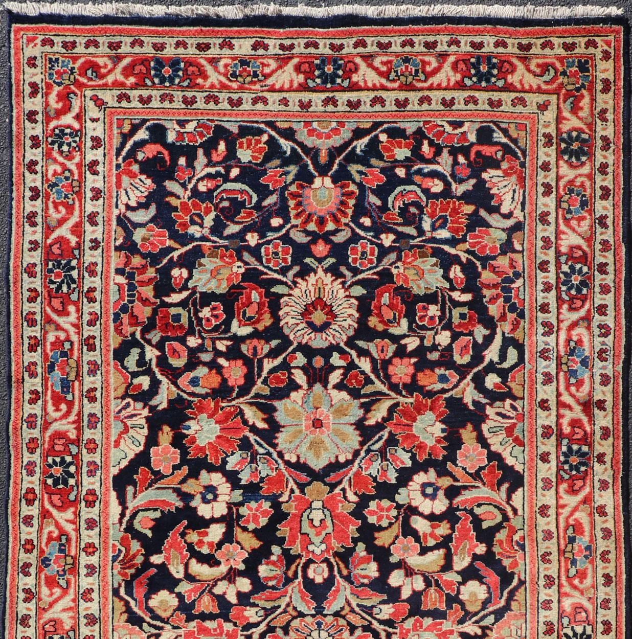 Antique Persian Gallery Runner with Floral Design in D. Blue & Jewel Tones For Sale 2
