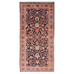 Antique Persian Gallery Runner with Floral Design in D. Blue & Jewel Tones