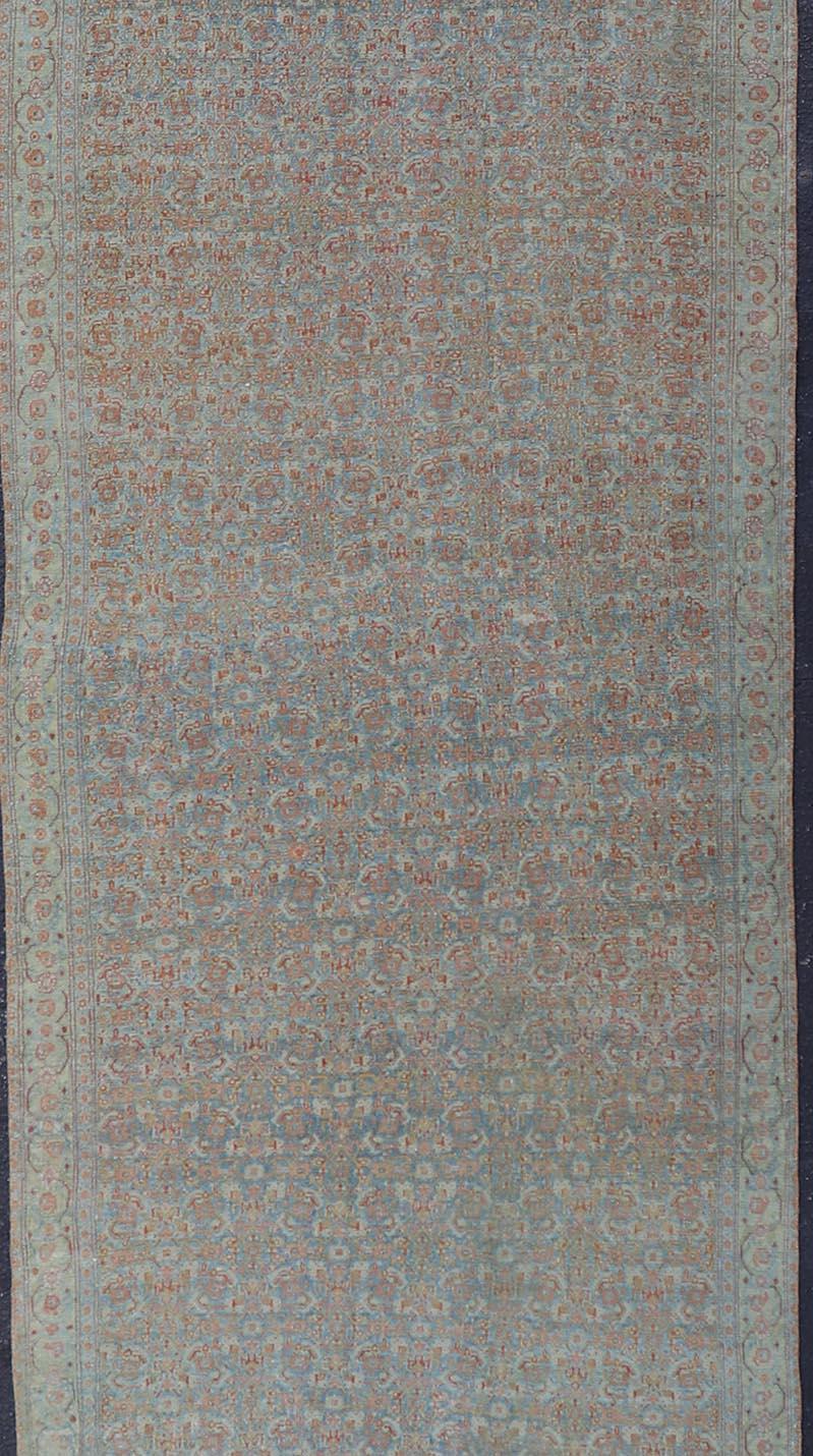 Hand-Knotted Antique Persian Gallery Senneh Runner with All-Over Herati Design in Light Blue For Sale