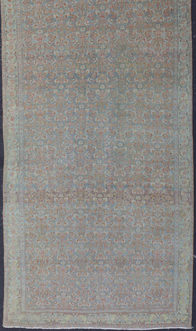 Antique Persian Gallery Senneh Runner with All-Over Herati Design in Light Blue In Good Condition For Sale In Atlanta, GA