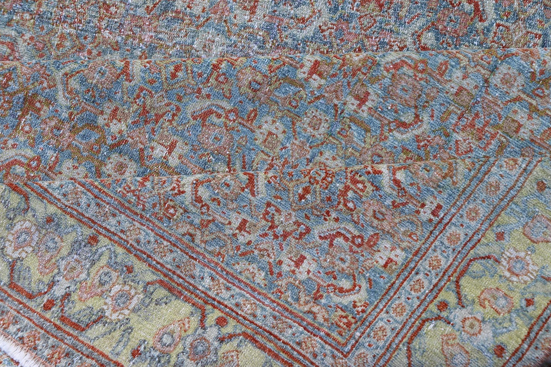 Wool Antique Persian Gallery Senneh Runner with All-Over Herati Design in Light Blue For Sale