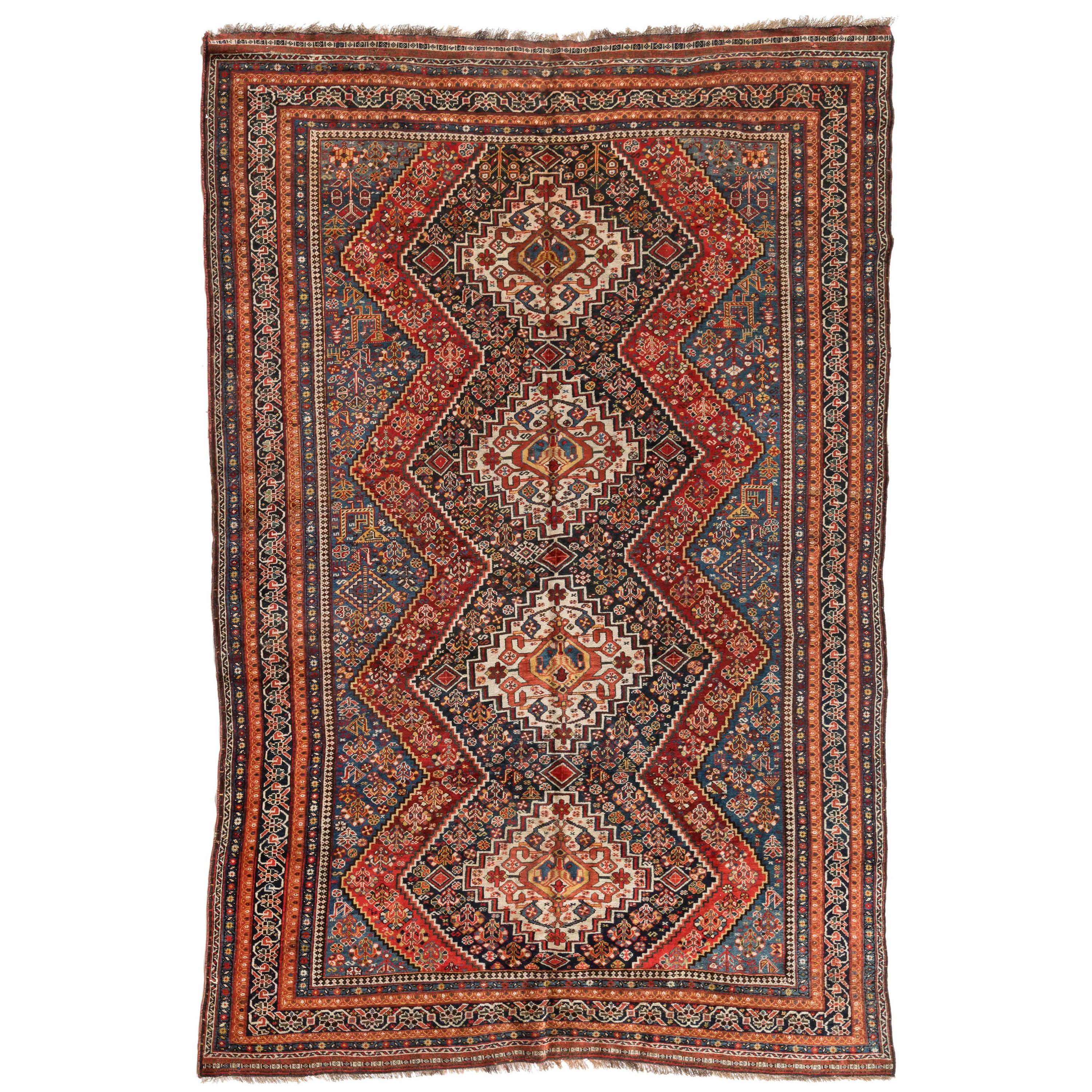 Antique Persian Ghashgai Red and Navy Tribal Geometric Rug, circa 1920s 1930s For Sale