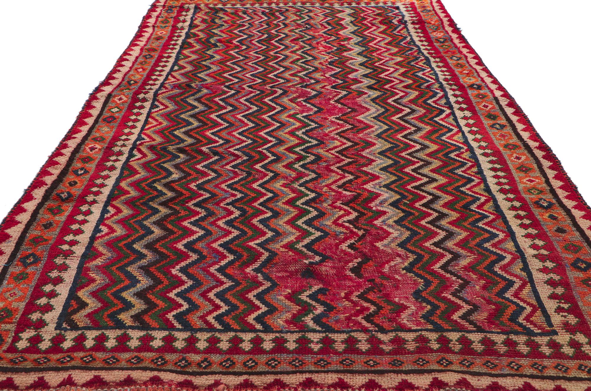 Antique Persian Ghashghaei Runner with Tribal Style In Distressed Condition For Sale In Dallas, TX