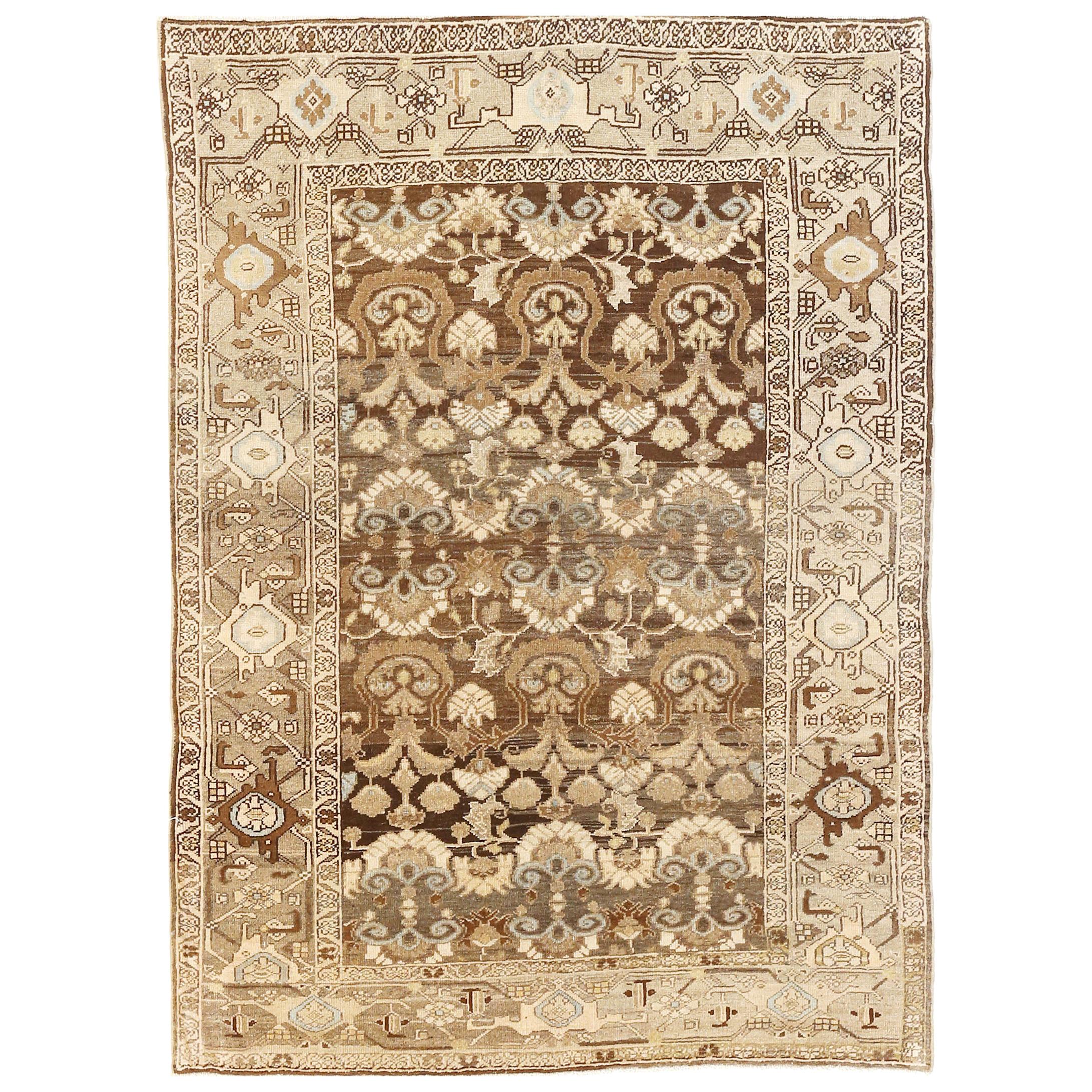Antique Persian Gholtogh Rug with Brown & Beige Botanical Details on Ivory Field For Sale
