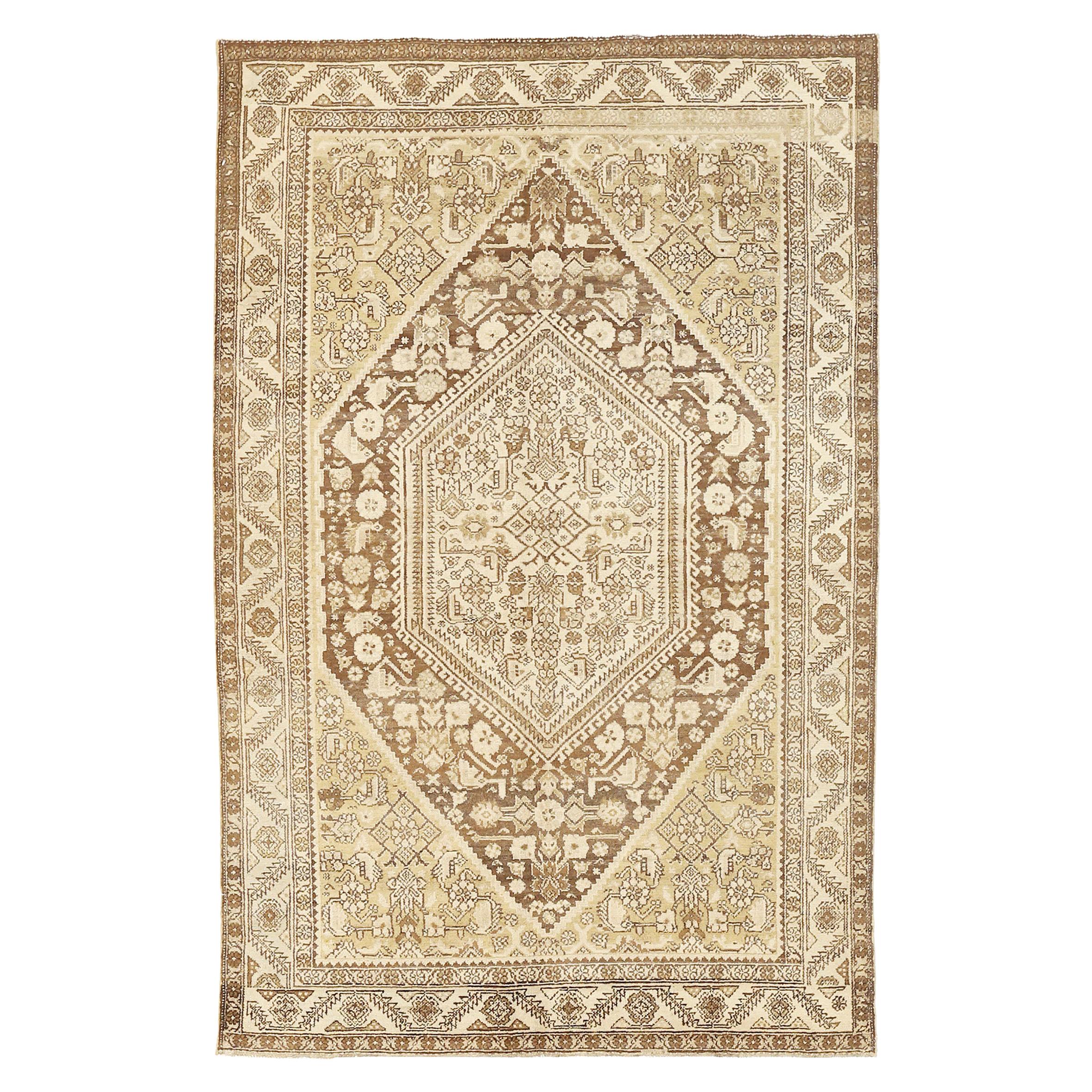 Antique Persian Gholtogh Rug with Brown Central Medallion on Ivory Field For Sale
