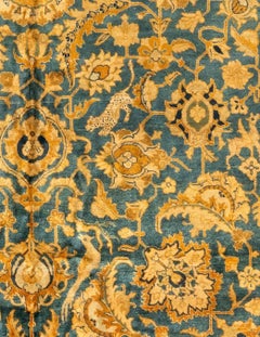Antique Persian Gold Blue Tabriz Hunting Design Rug Birds Animals c. 1900