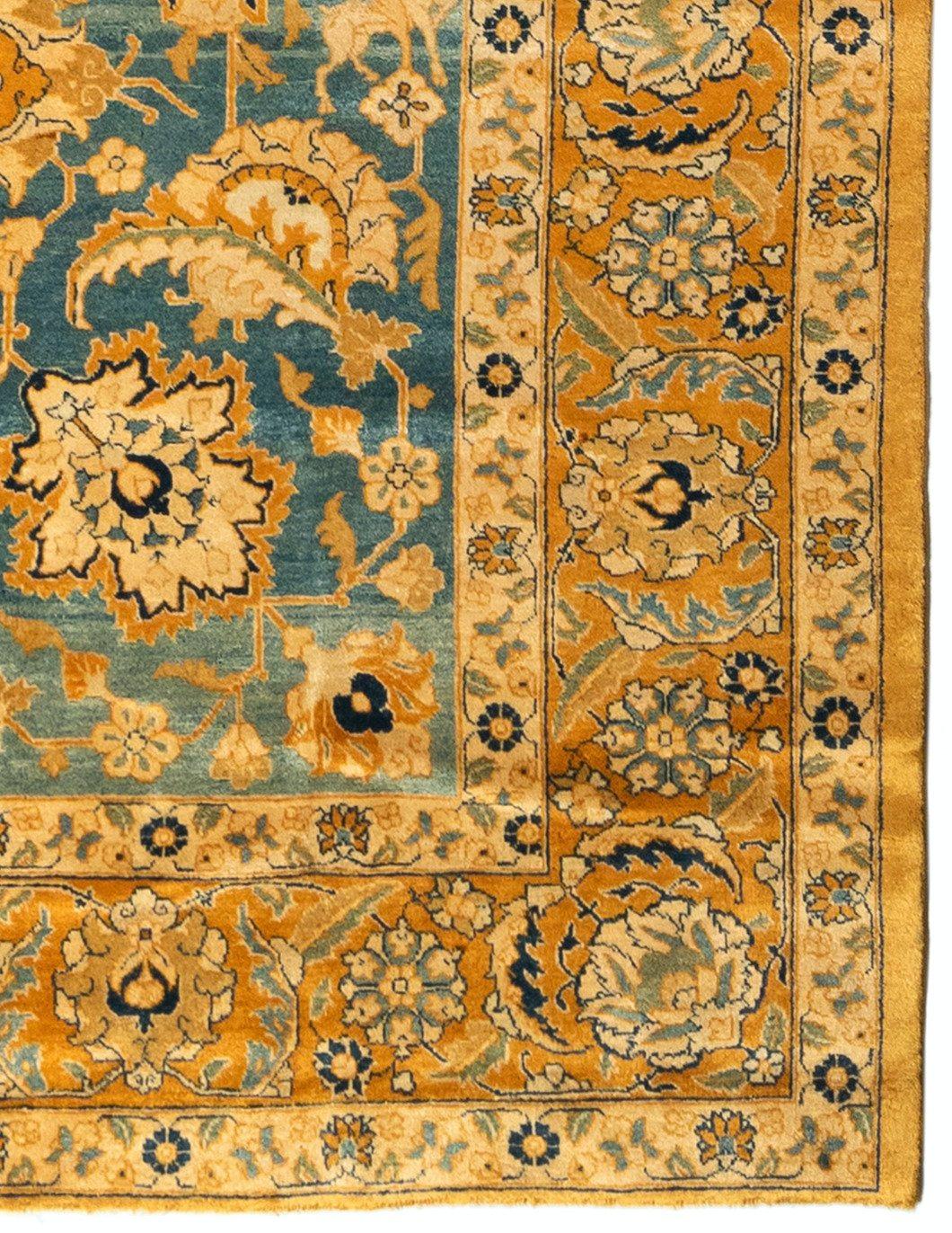 Hand-Knotted Antique Persian Gold Blue Tabriz Hunting Design Rug Birds Animals c. 1900 For Sale