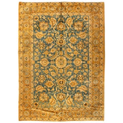 Ancien tapis persan bleu doré Tabriz à motif de chasse, oiseaux et animaux, vers 1900