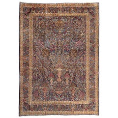 Tappeto antico Persiano Oro Blu Navy Avorio Floreale Millefleur Kirman