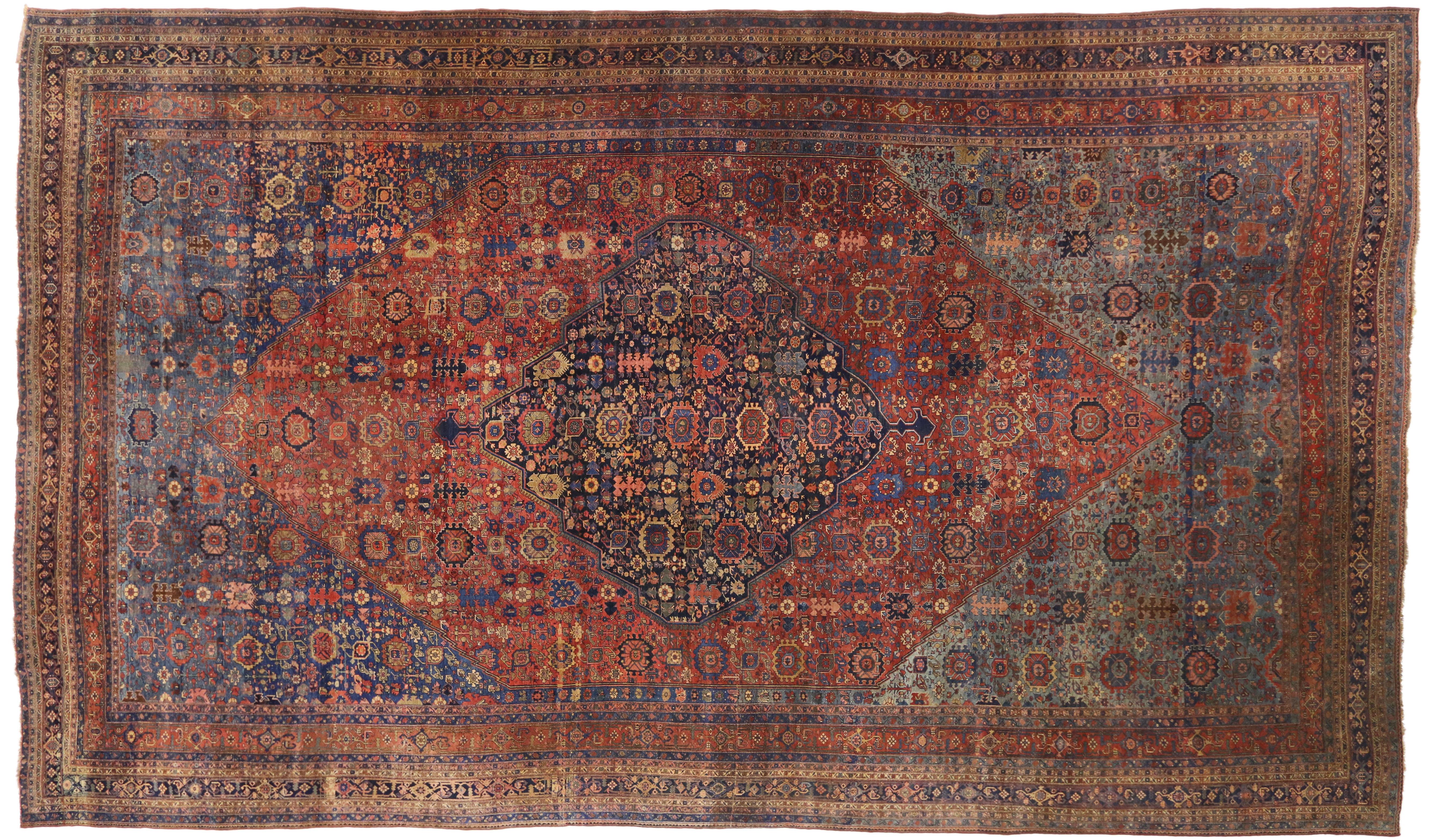 19th Century 1870s Antique Persian Halwai Bijar Rug Hotel Lobby Size Carpet For Sale