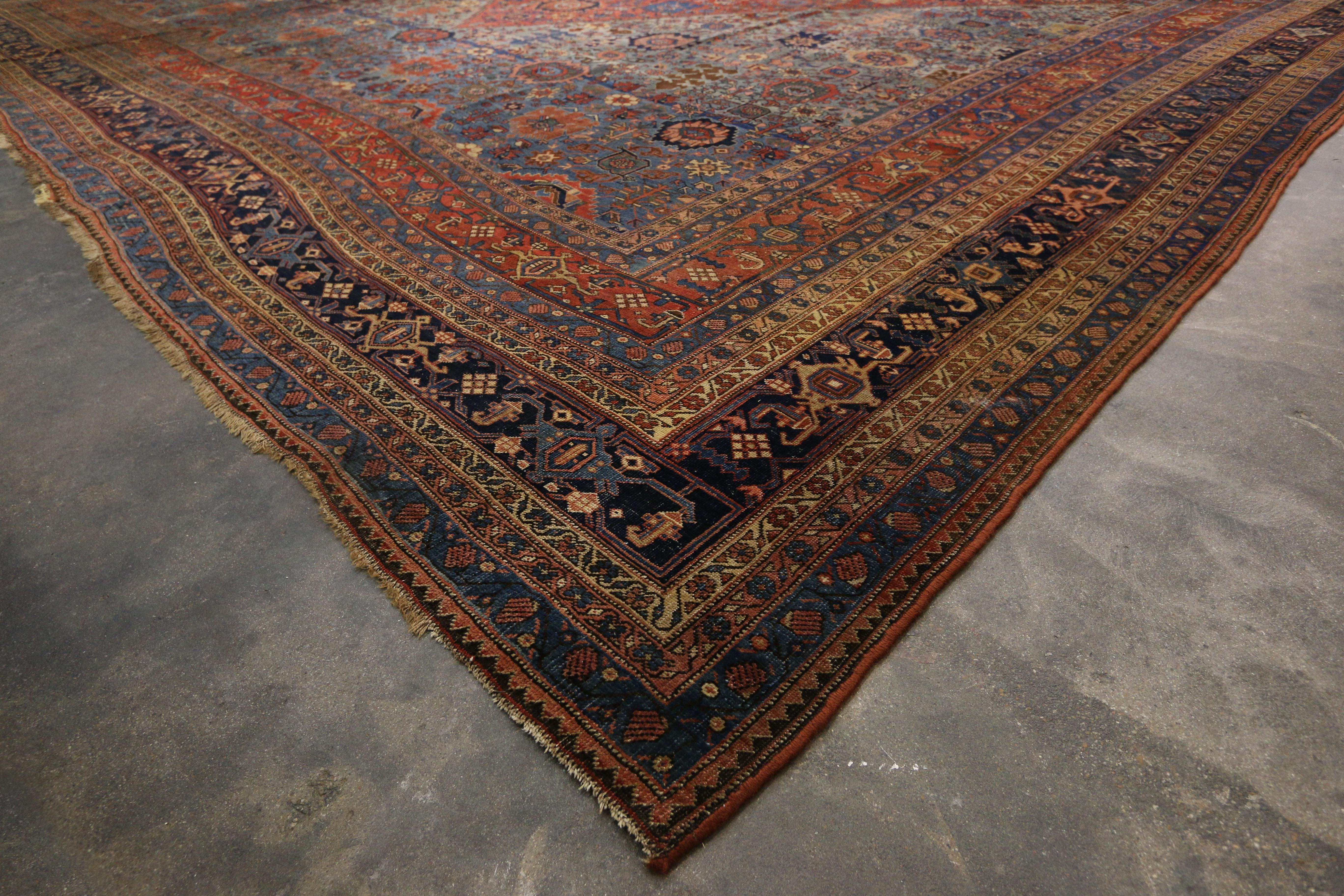 Wool 1870s Antique Persian Halwai Bijar Rug Hotel Lobby Size Carpet For Sale