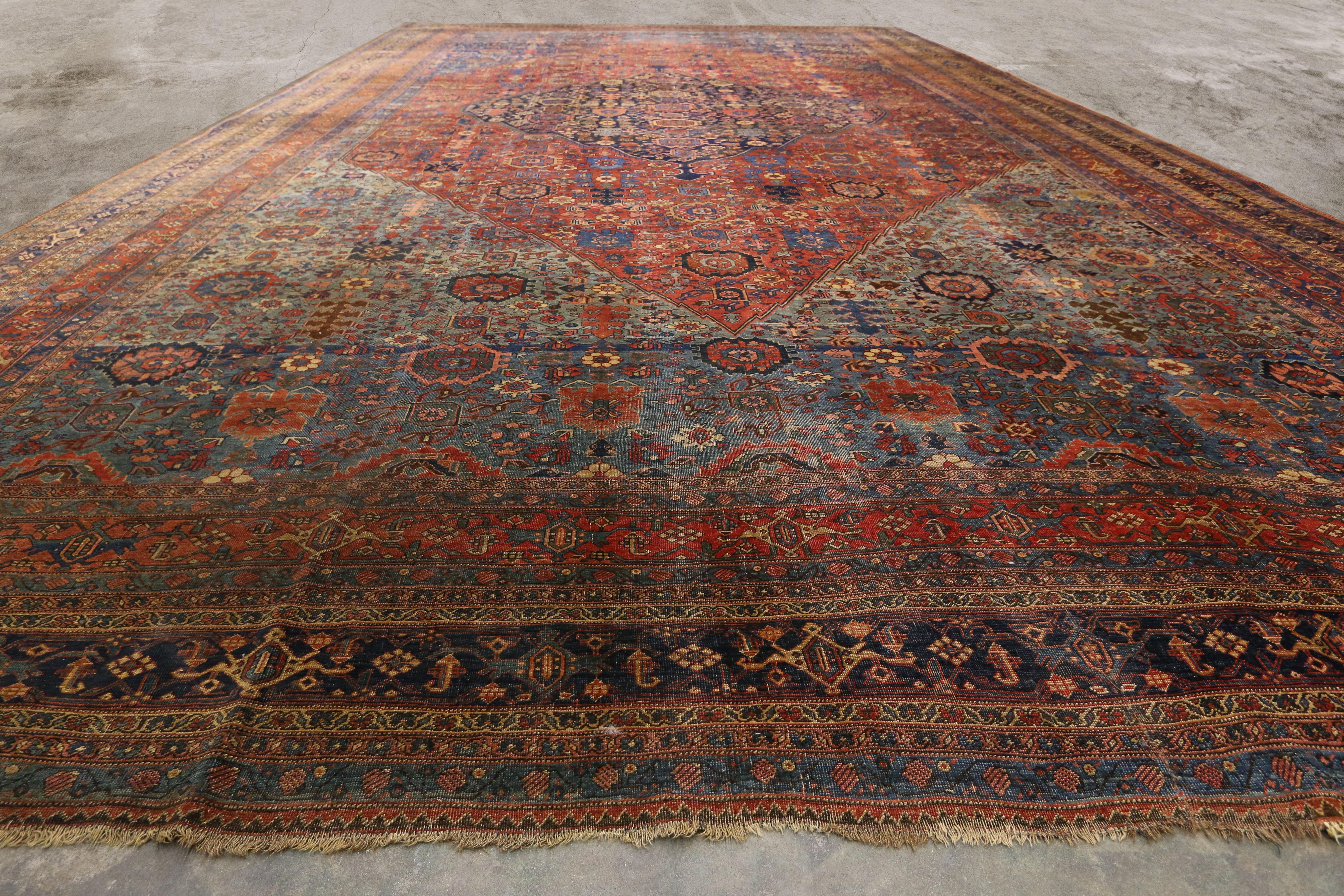 1870s Antique Persian Halwai Bijar Rug Hotel Lobby Size Carpet For Sale 1