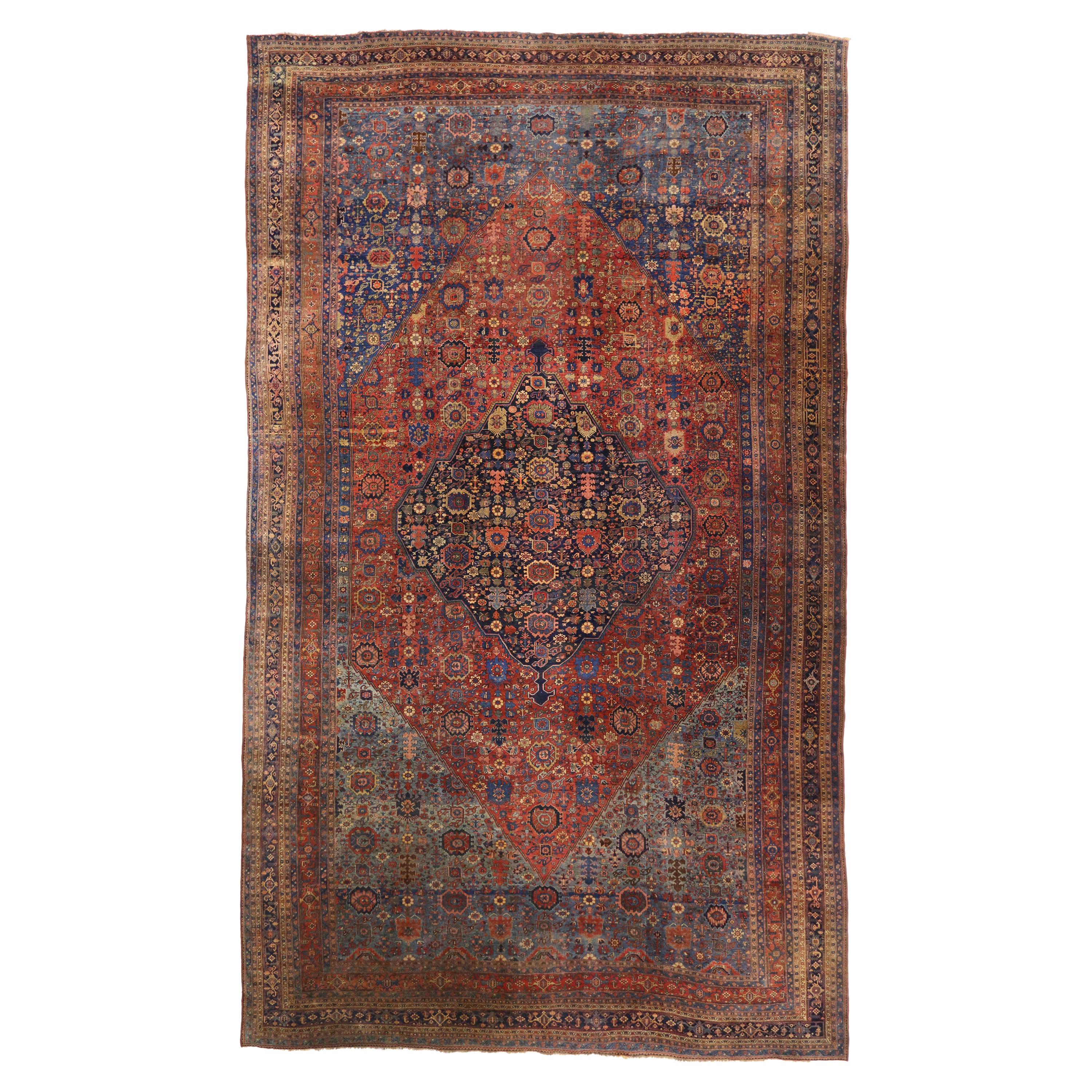 1870s Antique Persian Halwai Bijar Rug Hotel Lobby Size Carpet For Sale