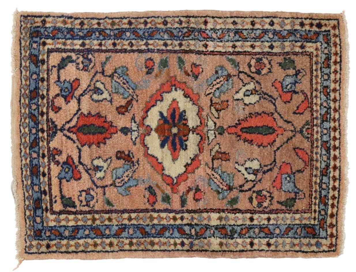72459, antique Persian Hamadan Accent rug with traditional style. This hand-knotted wool antique Persian Hamadan accent rug with traditional style features a medallion with floral and foliate forms on a camel ground surrounded by three guard borders