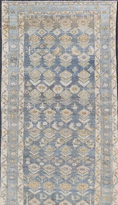 Antique Persian Hamadan Blue Runner With Geometric & Floral Motifs 3'6"X13'8"