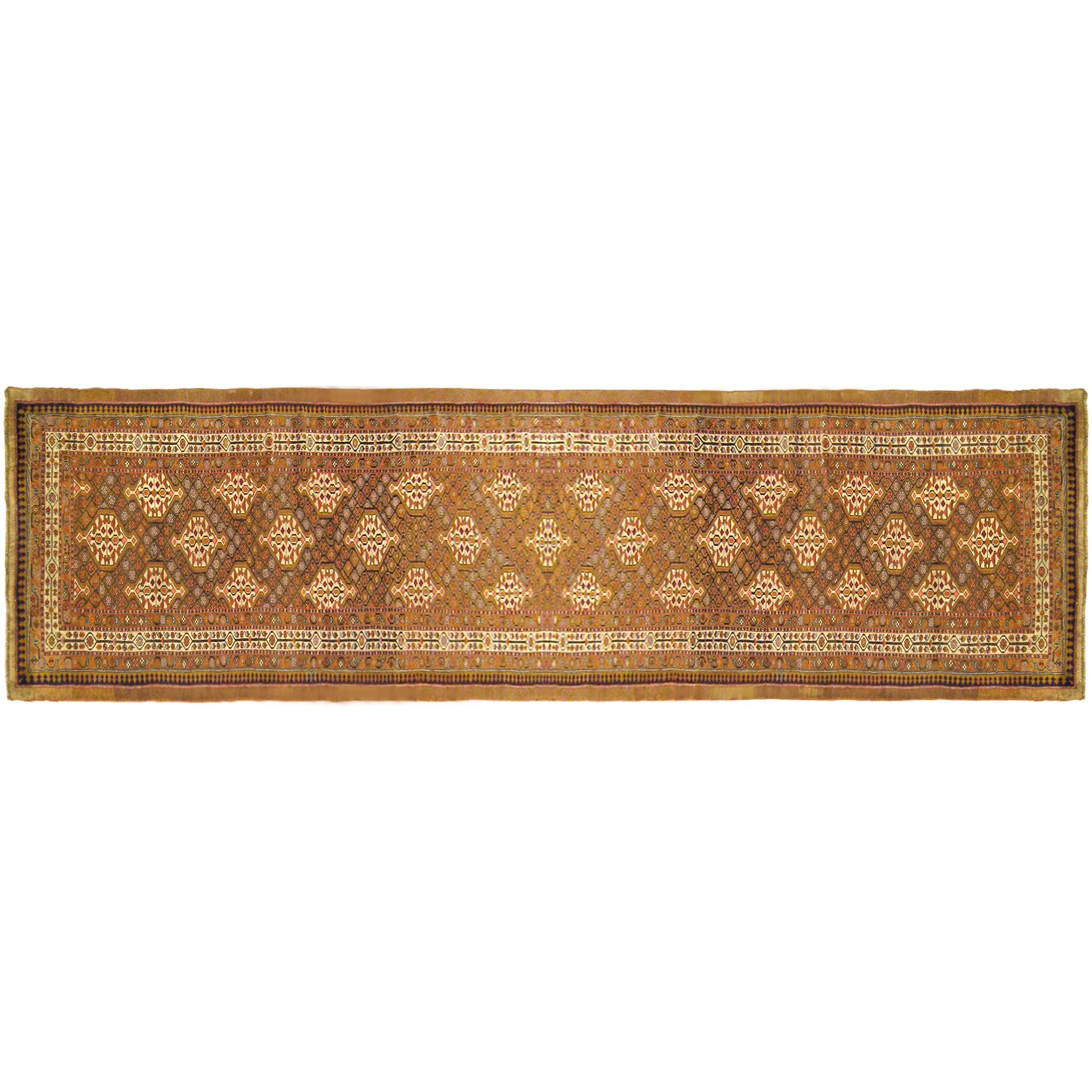 Antique Persian Hamadan Camel Hair Oriental Rug, in Runner Size w/ Repeat Design For Sale