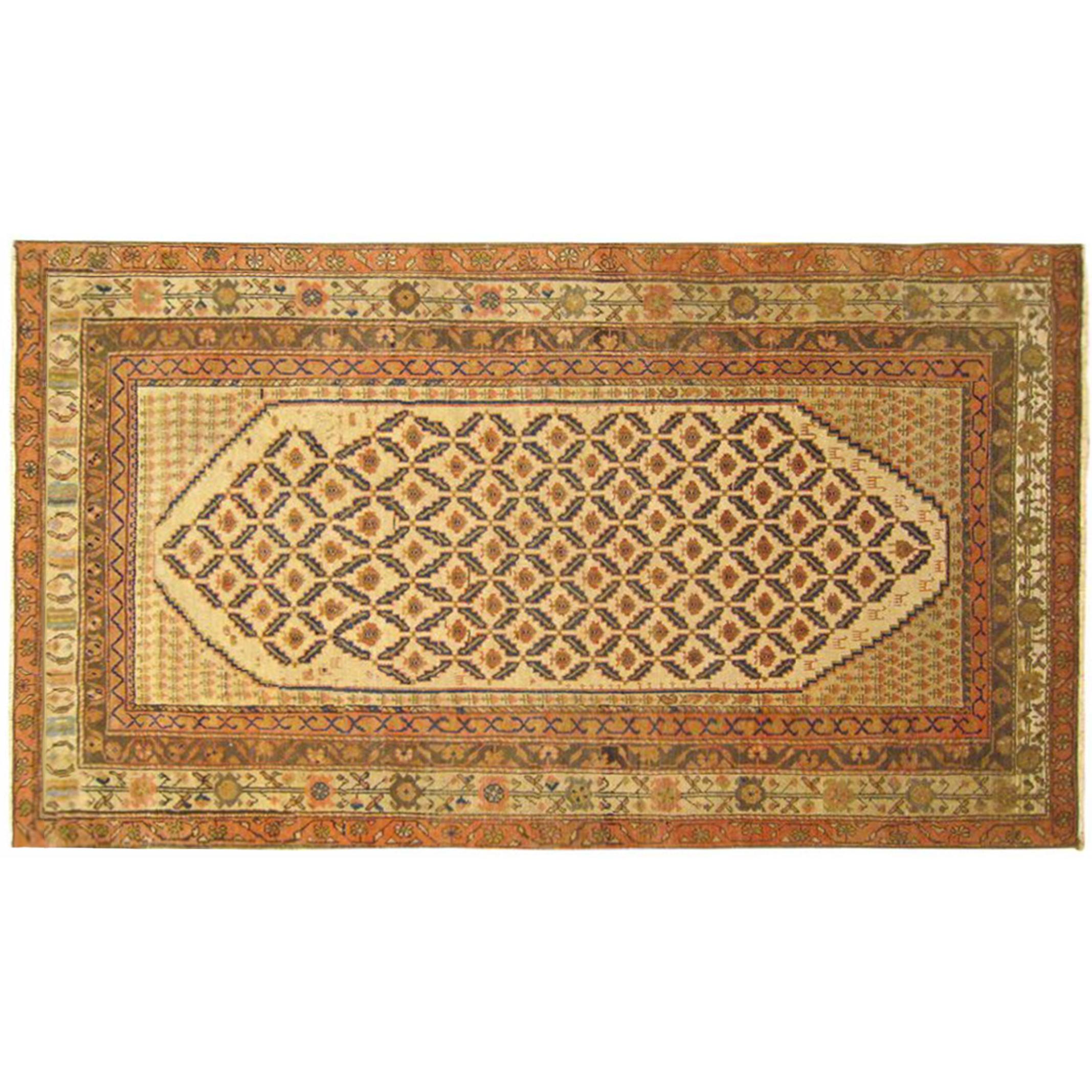 Antique Persian Hamadan Camel Hair Oriental Rug in Small Size with Repeat Design For Sale