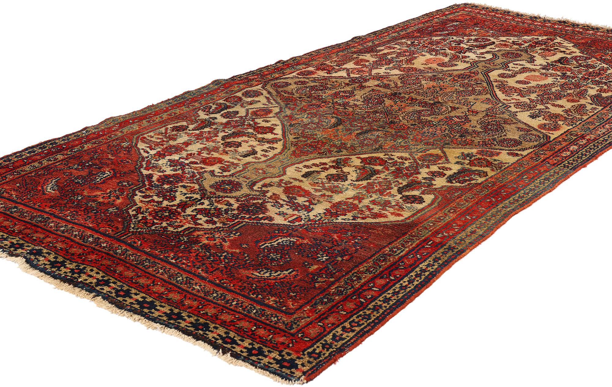 76958 Antique Persian Hamadan Rug Runner, 03'10 x 07'05. Persian Hamadan rugs with a Medallion and Corner Design are a type of handwoven rug originating from the Hamadan region in Iran. These rugs typically feature a central medallion motif